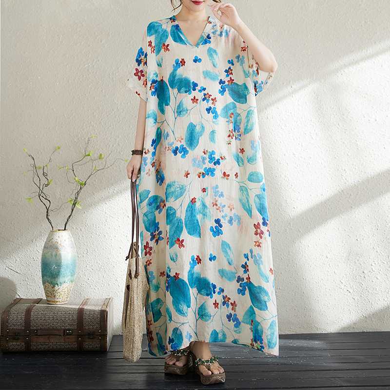 Summer Cotton and Linen Printed Loose and Simple Long Skirt for Women