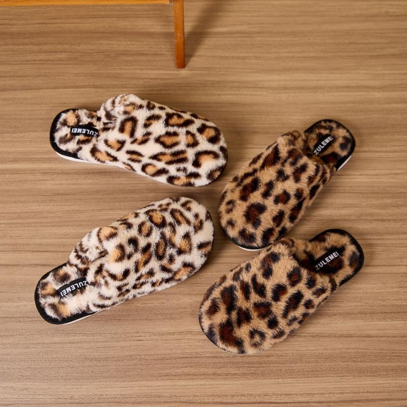 Cross-border spot leopard print fluffy slippers Amazon popular home indoor heating fleece cotton slippers foreign trade wholesale