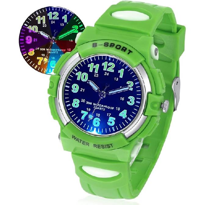 DTKID 7 Colorful Lights Children s Watch Boys Girls, Kids 30 M Waterproof Analog Watches Soft Rubber Band, Easy to Read Dial Time Lessons Wristwatch