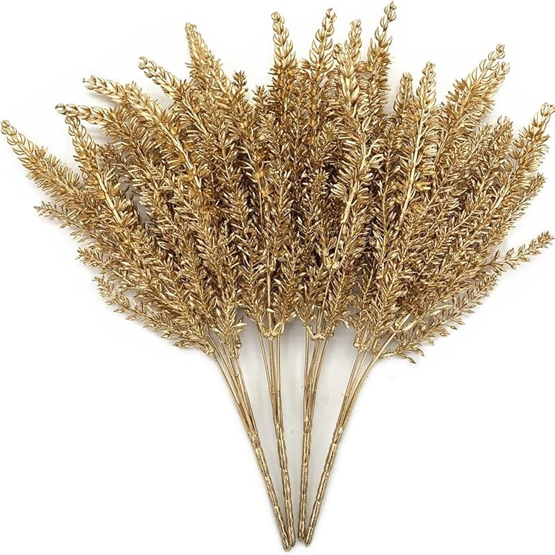 PASYOU Fake Leaves Plants for Christmas Decor, Gold Artificial Shrubs Grass Foliage Plastic Bulk Leaf Indoor Outdoor Home Garden Party Hotel Verandah