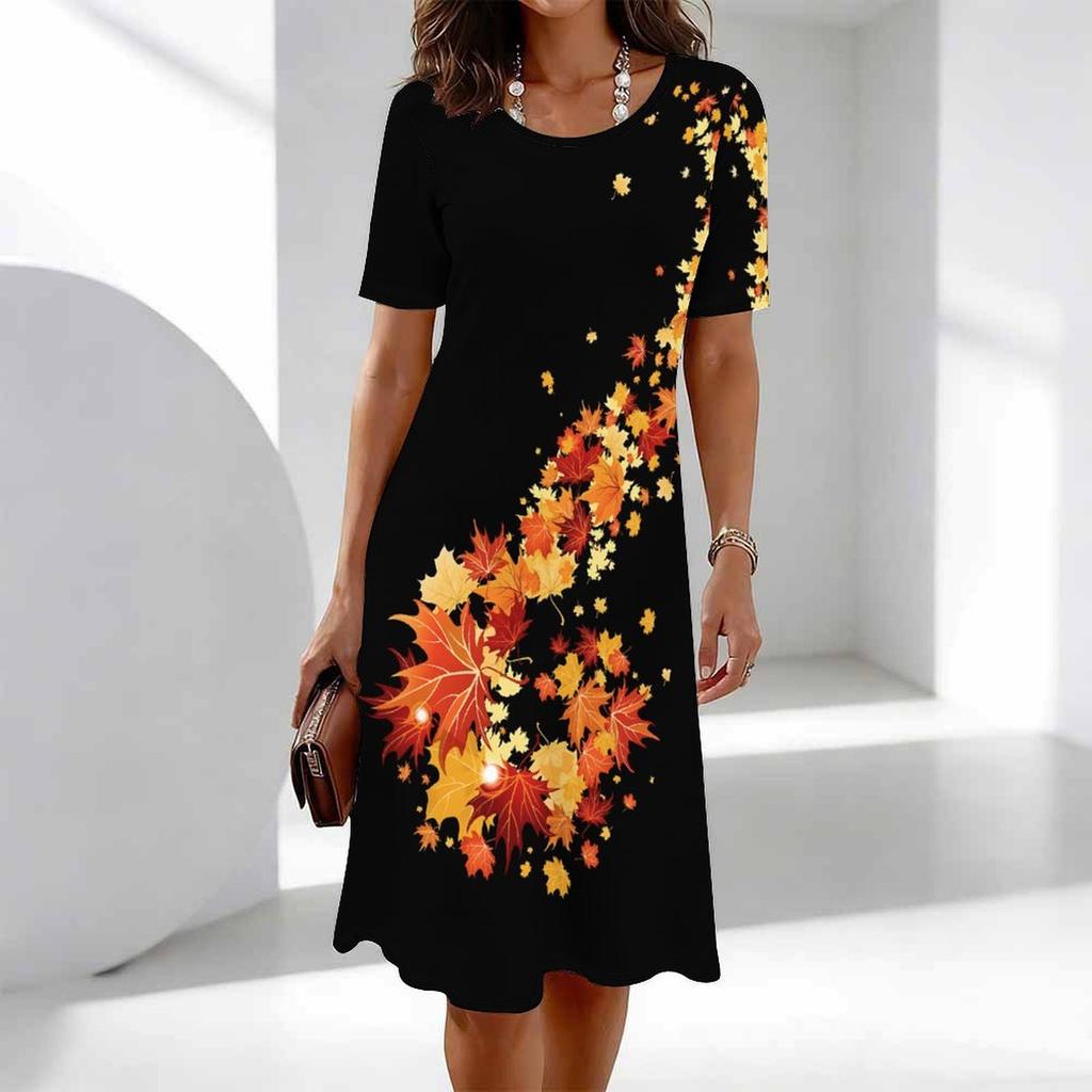 Women's Fashion Graceful Beautiful Maple Leaves and Flowers Colorful Flowers and Small Grass Print Summer Spring Short Sleeve O-Neck Casual Dresses