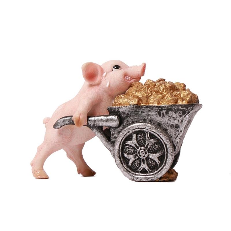 

Cute Piggy Figurine Funny Moving Cart Mining Pig Sculpture Fengshui Desktop Ornament for Office and Home Desktop Decors 1