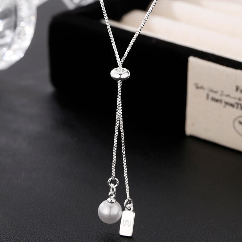 

925 Sterling Silver Pearl Long Necklace Simple Charm Geometric Shape Pendant Choker Birthday Gift for Friends Exquisite Jewelry платиновый