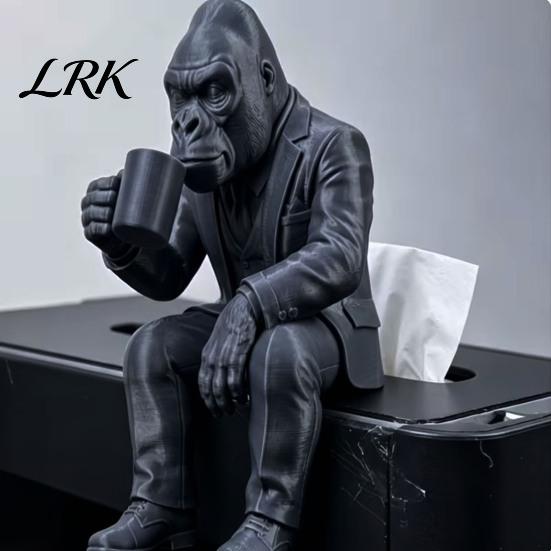 Cool Shelf Edge Ornaments 3D Printed Gorilla in Suit Ornament, Coffee Drinking Figurine, Creative Animal Decorative Figurines for Sculpture,