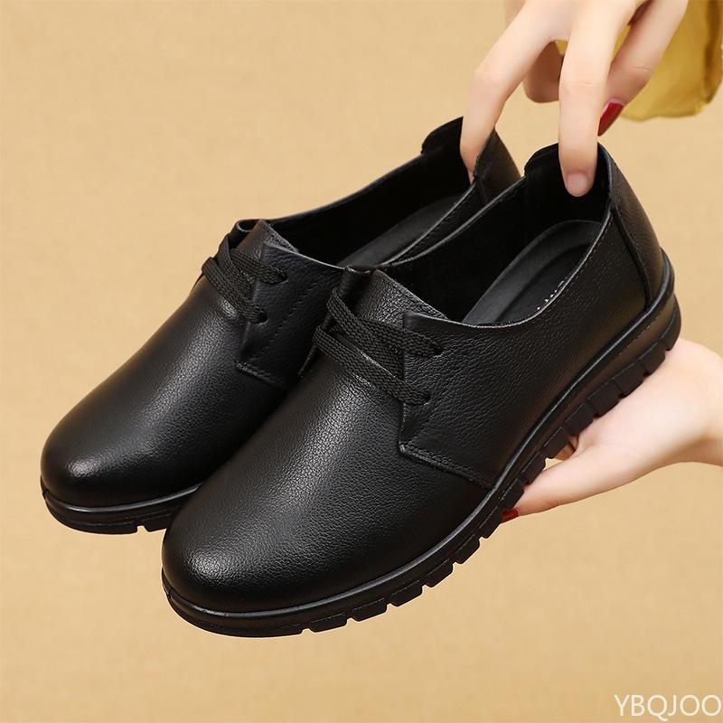 Fashion Spring breathable soft flat sole elderly leather shoes solid color women's casual lace up anti slip comfortable single shoe