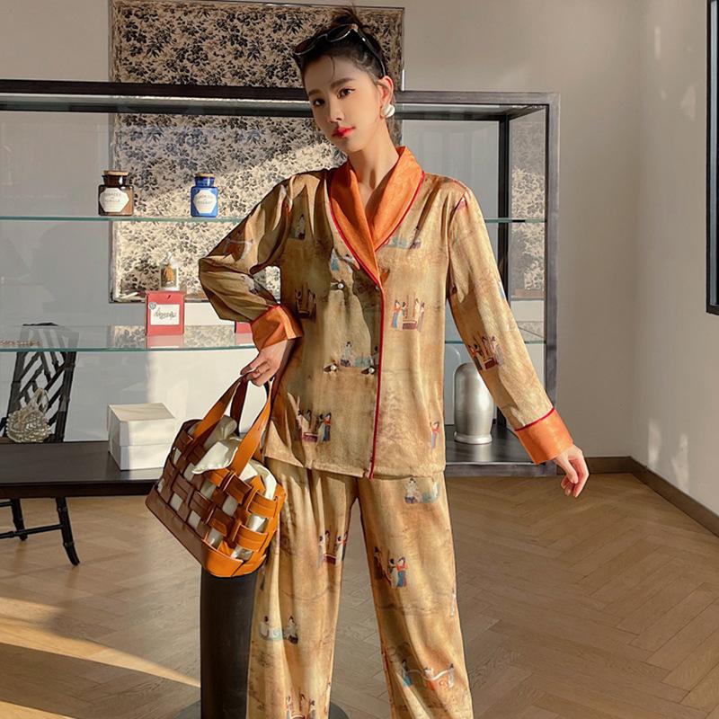 Ice Silk Lounge Wear Women's Pajamas Set Printed Lounge Clothes Long Sleeve Pants Set Loose Pajamas 2 Piece Pajamas Set