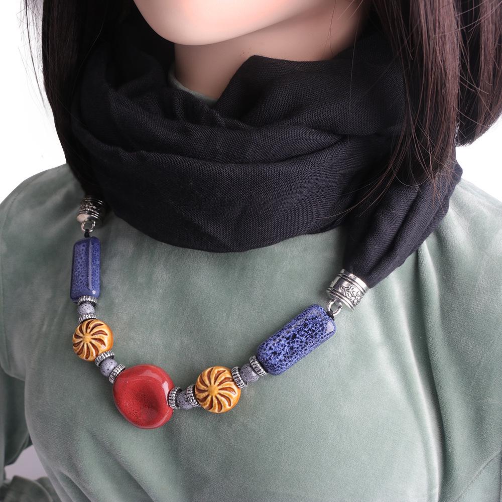 Cotton-Linen Infinity Scarf with Handmade Beaded Pendant, Women's 2-in-1 Boho Scarf Necklace Accessory