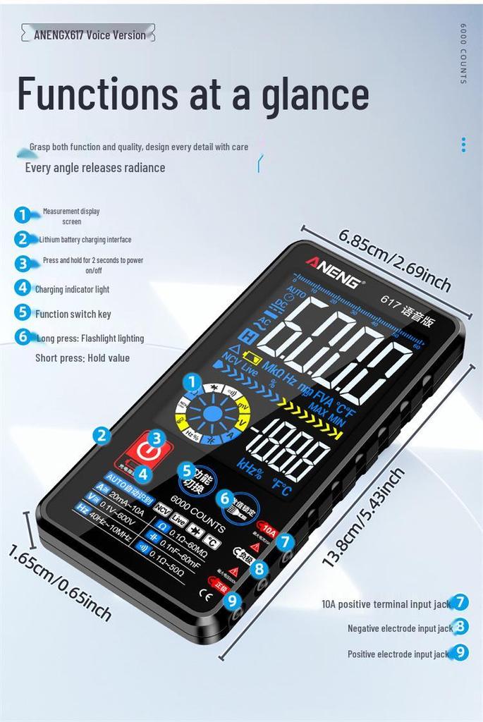 ANENG Smart Voice Multimeter with Touchscreen & Color Display for Electricians - Model 615/617