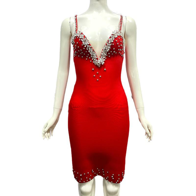 Women's European & American Rhinestone Strap Bodycon Bandage Dress - Sexy Socialite Style Evening Gown.