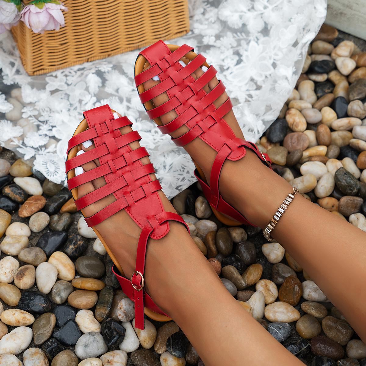 

Иностранные торговые сандалии в виде сумки, римские сандалии, женские летние новые с плоской подошвой, модные европейские и американские женские туфли больших размеров, сандалии 36 красный