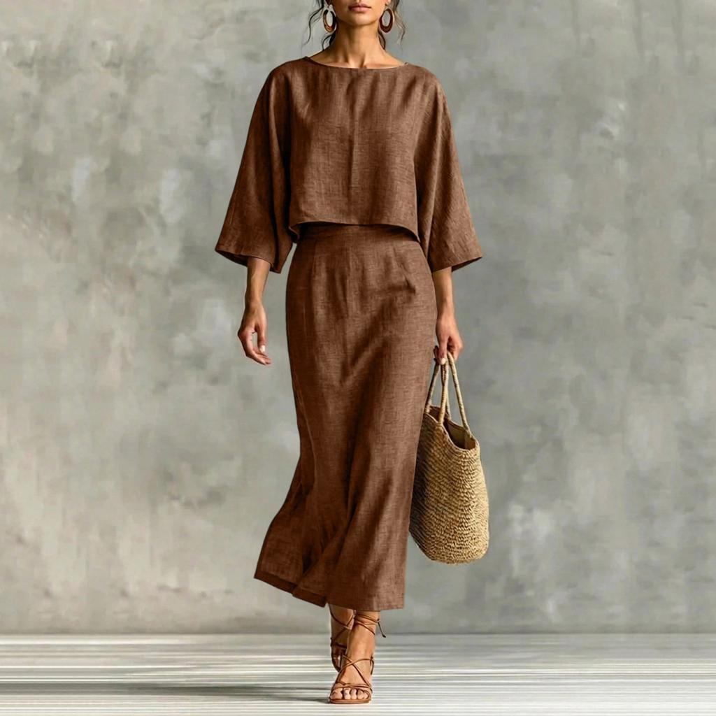 Modisches Lässiges Rundhals-Pullover-Oberteil mit Sieben-Zoll-Ärmeln und High-Waist-Midi-Rock-Set für Damen