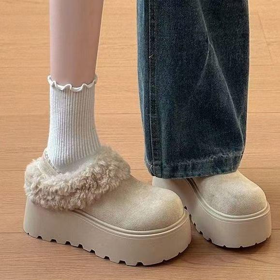 Thick soles increase height and keep warm Birkenstocks, cotton towed short tube velvet slippers, new winter fluffy shoes for two