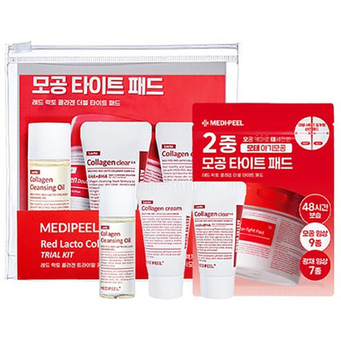 MEDI-PEEL Red Lacto Collagen Trial Kit – Cleansing Oil, Clear Foam, Toner Pad & Cream Set, Korean