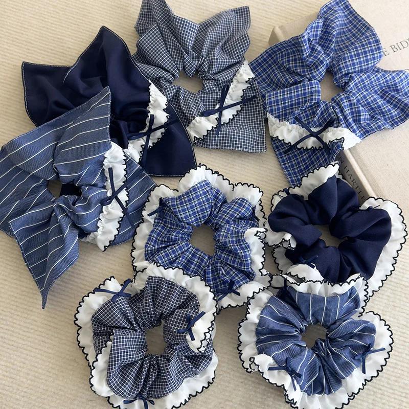 Retro Blue Checkered Hair Ties Fabric Webbing Bow Square Headbands Womens Temperament Head Rope Female Party Accessories Fashion