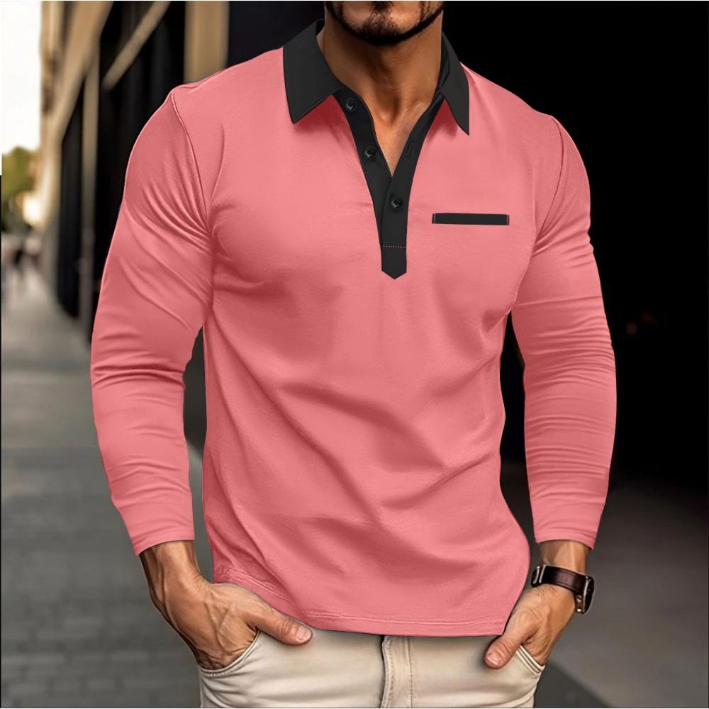 Men's Polo Shirt Button Solid Color Casual Long Sleeved T-shirt