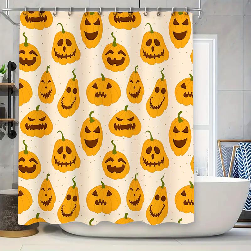

Spooky Halloween Jack-o -lanterns Shower Curtain Fun Fall Decorative Fabric Bath Mat Set in Orange White Colorful Pattern 90x180cm