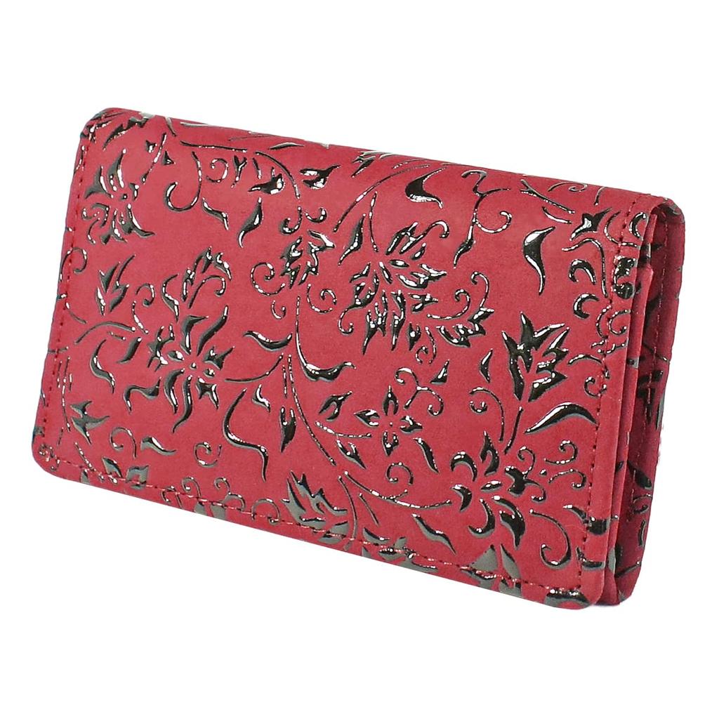 Indenya Business Card Case 2501-3041, Red Deer Leather with Black Lacquer, Floral Arabesque Pattern 2501-03-041
