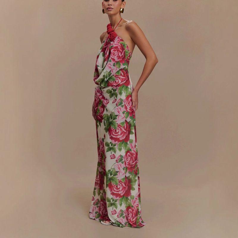 

New Women clothes Hanging Bo European and American Dress Three-Dimensional Flower Fashion off-Shoulder Long Printed Dress Foil In Stock S