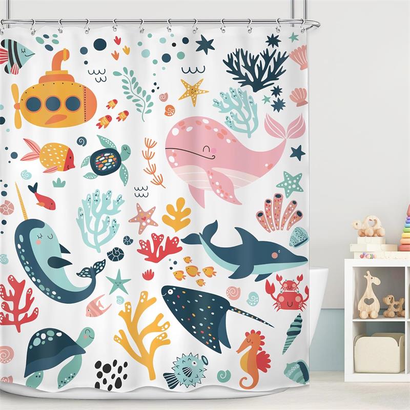 Funny Bathing Cat Dog Cartoon Shower Curtains Dolphin Octopus Sea Turtle Starfish Ocean Animals Bath Curtain Kids Bathroom Decor