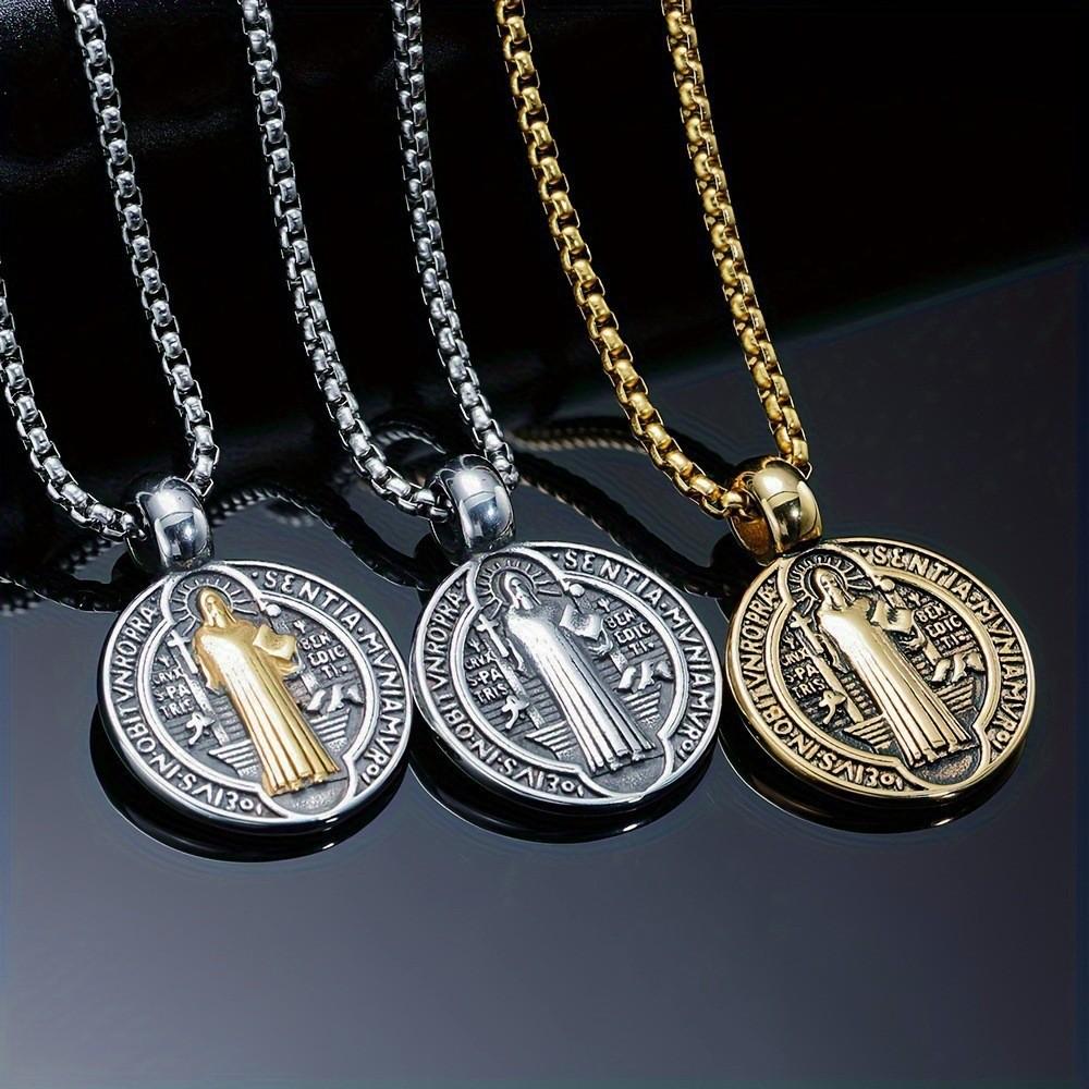 Jesus St. Benedict Pendant Necklace Vintage Round Double Sided Pattern Faith Necklace Ornament