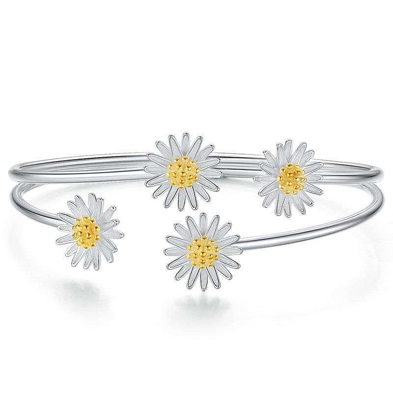 925 Sterling Silver Adjustable Size Daisy Flower Charm Bracelet &Bangle for Women Party Wedding Jewelry Pulseras Mujer