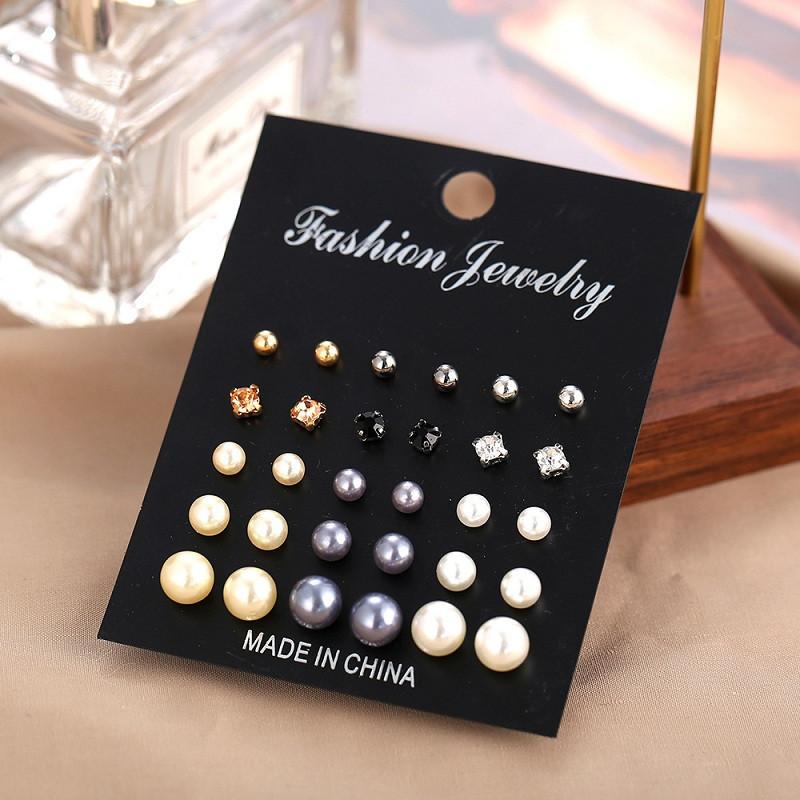 Classic 12Pairs Cubic Zirconia Stud Earrings Set For Women Silver Color Round Heart Crystal Rhinestone Earrings Brinco Jewelry