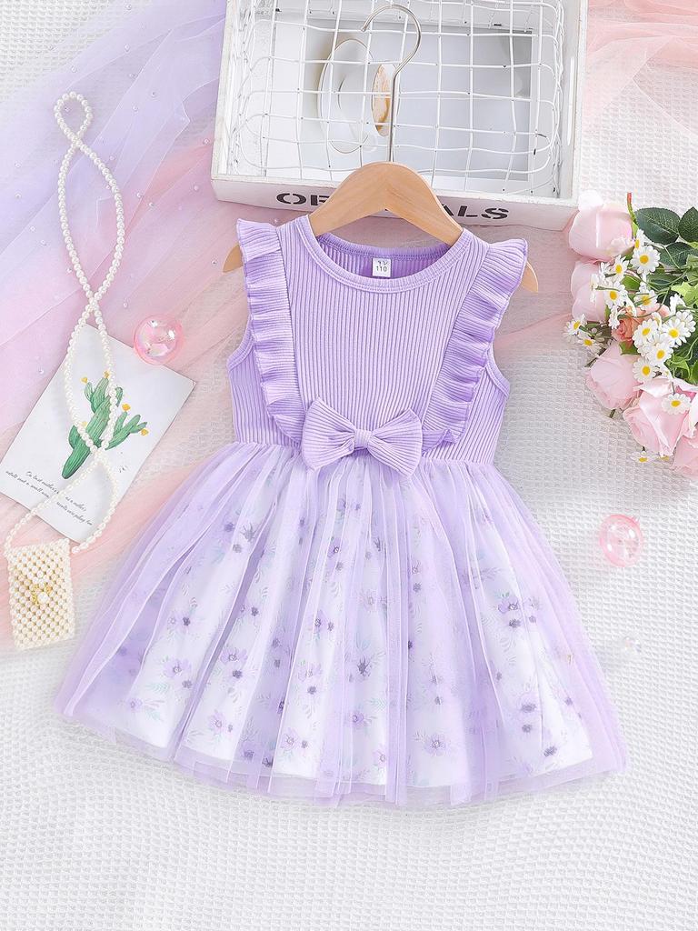 2025 Sweet Toddler Girls' A-Line Bowknot Mesh Dress - Sleeveless Cotton