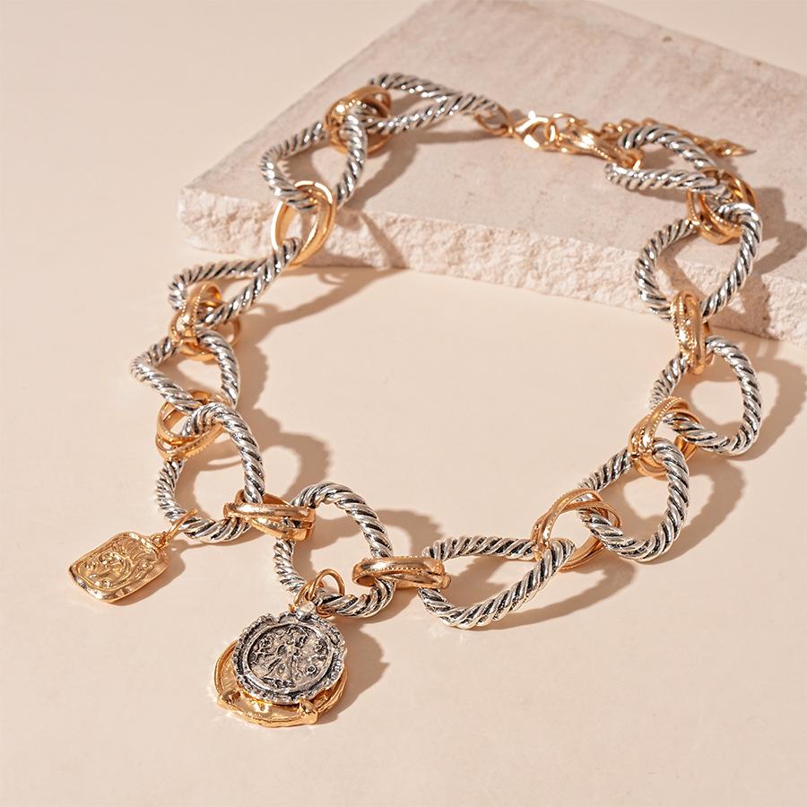 High-End Geometric Stripe Coin Necklace: Retro Cable Knit Design for Women