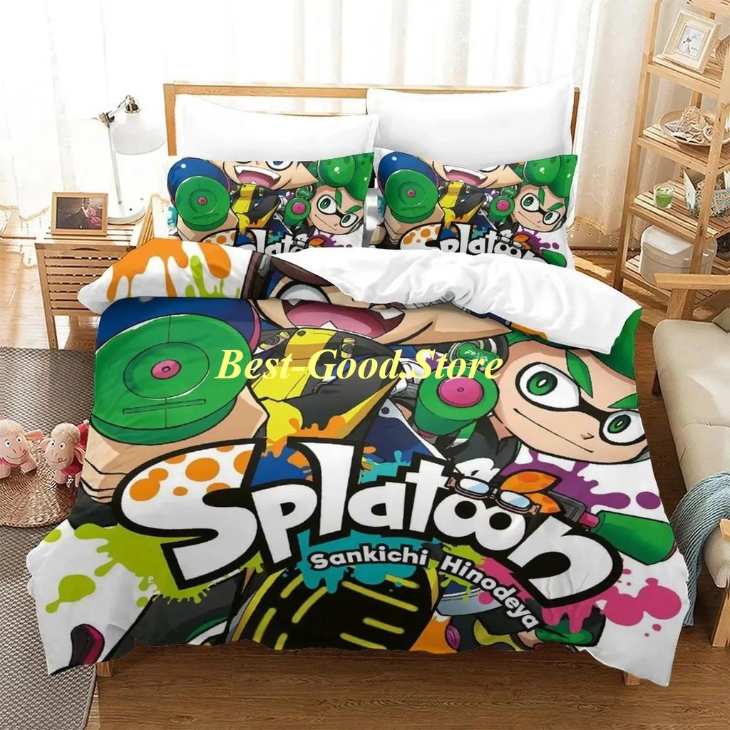 Splatoon 3 Inkling Kałamarnica Zestaw Pościeli Pojedynczy Bliźniak Pełny Queen King Size Zestaw do Łóżka Aldult Kid Sypialnia Zestawy Poszwy na Kołdrę Zestaw Prześcieradła