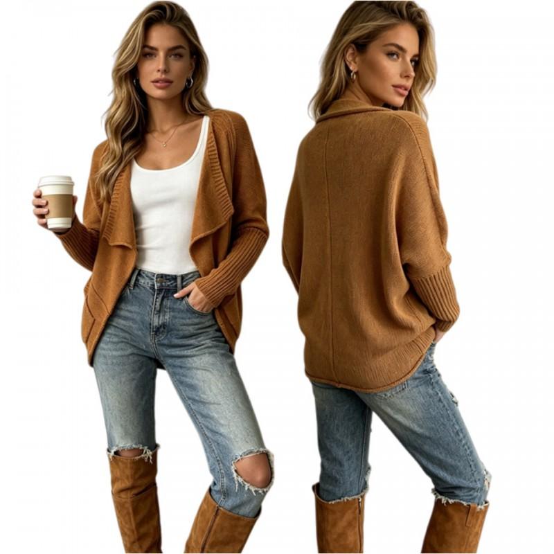 Womens Solid Color Knit Cardigan With Lapel Collar Pocket Batwing Sleeve 2026 Lightweight Casual Sweater