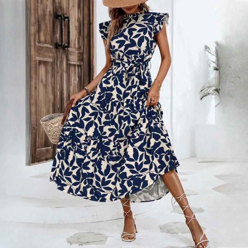 GMXIA Women's Summer Fashion Wooden Earring Short Sleeve Tie Printed Fairy Dresses