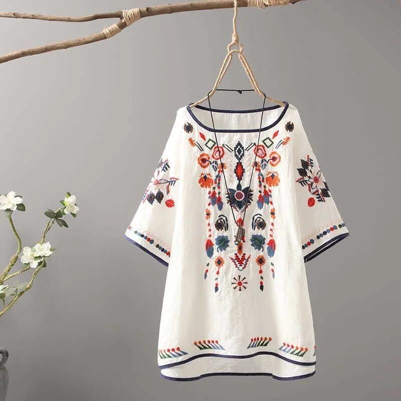 Haftowane kwiatowe koszulki damskie w stylu chińskim klasyczne luźne koszule Casual Vintage O Neck letnia bluzka z krótkim rękawem