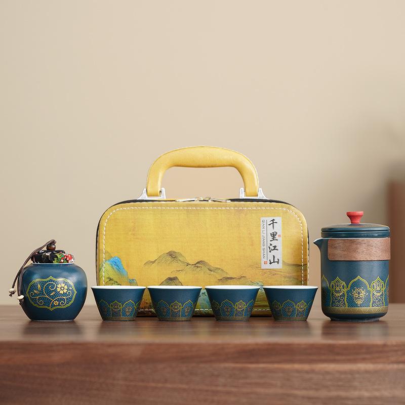 Outdoor travel tea set portable storage bag household one pot four cups ceramic express cup bubble teapot custom printing