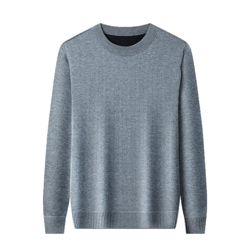 Autumn And Winter Jacquard Fleece Thickened Integrated Fleece Men'S Long-Sleeved Business Casual Crew Neck Sweater Containing Wool Mulberry Silk