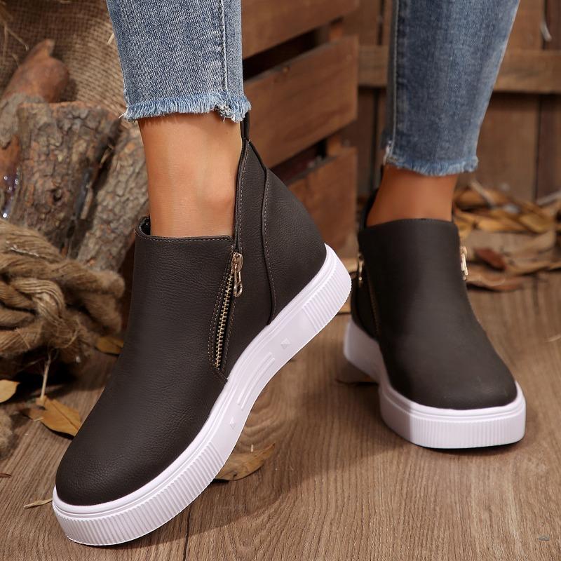 Fashion Inside Heightened Single Shoes Autumn New Round Toe Side Zipper Platform Non-Slip Wear-Resistant Flats
