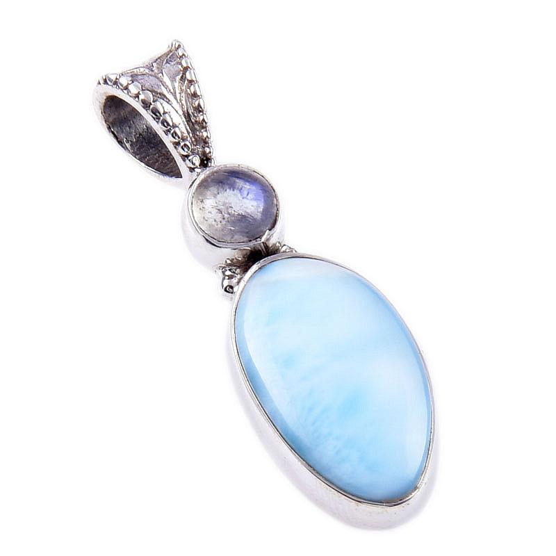 Natural Republic Larimar, Moonstone 925 Solid Sterling Silver Pendant 1.25" w9I04