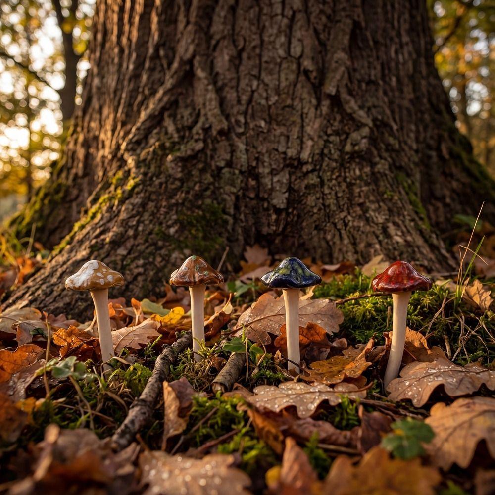 4PCS Ceramics Pottery Sculpture Realistic Mushroom Sculpture Fairy Mushroom  Exposed Garden
