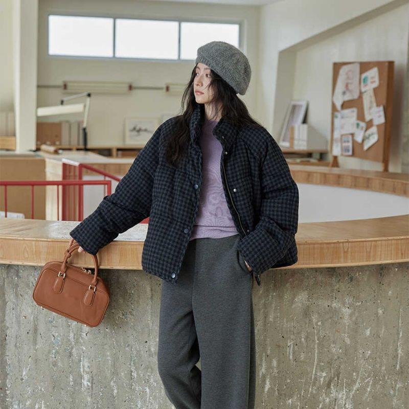 Korean Style Short Plaid Cotton Jacket - Women's Trendy Spring Outerwear