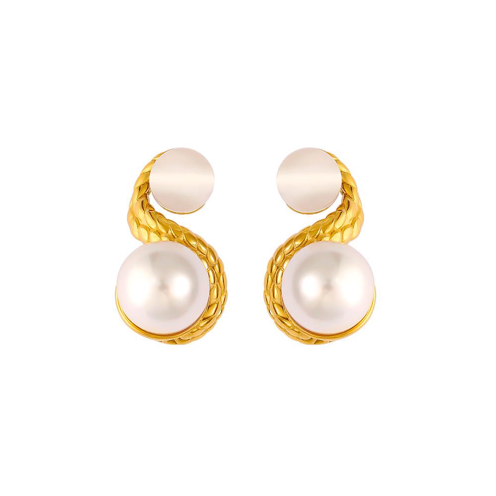 French Style Pearl Spiral Wave Titanium Steel Earrings