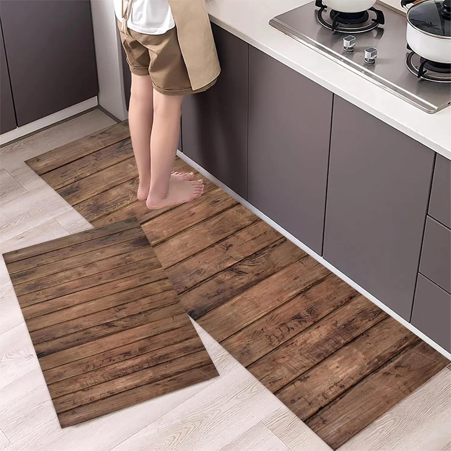 Rustiek Houten Planken Keukenkleed Set, Antislip Water- en Oliebestendige Vloermatten voor Keuken en Wasruimte 50x160cm 20x63inch