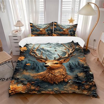 3pcs Autumn Forest Deer Duvet Cover Set - Machine Washable, Includes 1 Cover and 2 Pillowcases, No Core Included Yy251013066