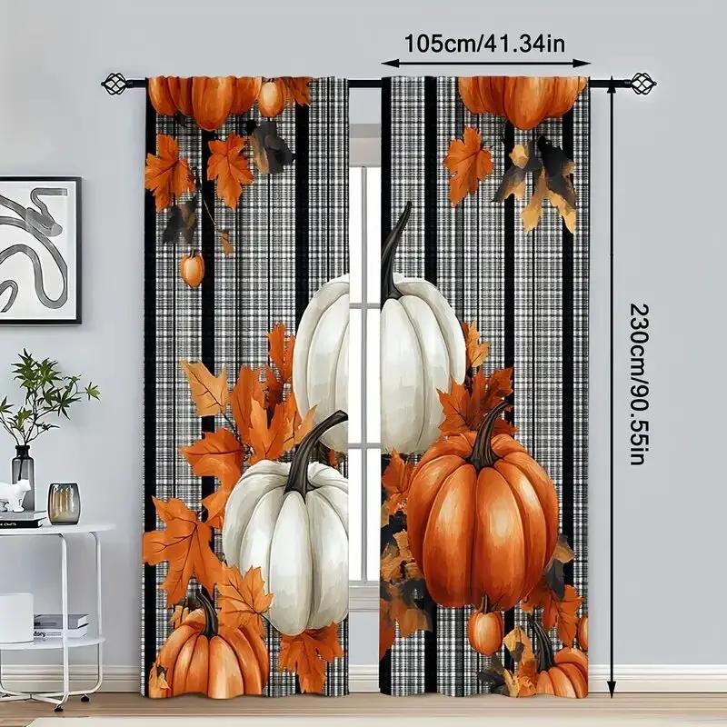 Farmhouse Autumn Pumpkin Pattern Printed Curtains Window Decorations Home Room Set Of 2 Made Polyester