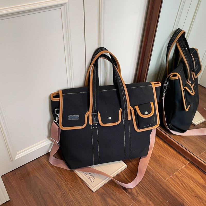 Canvas Bag Female College Student Fashion Contrasting Color Casual Splicing Portable Dual-purpose Class Commuting Shoulder Messenger Bag