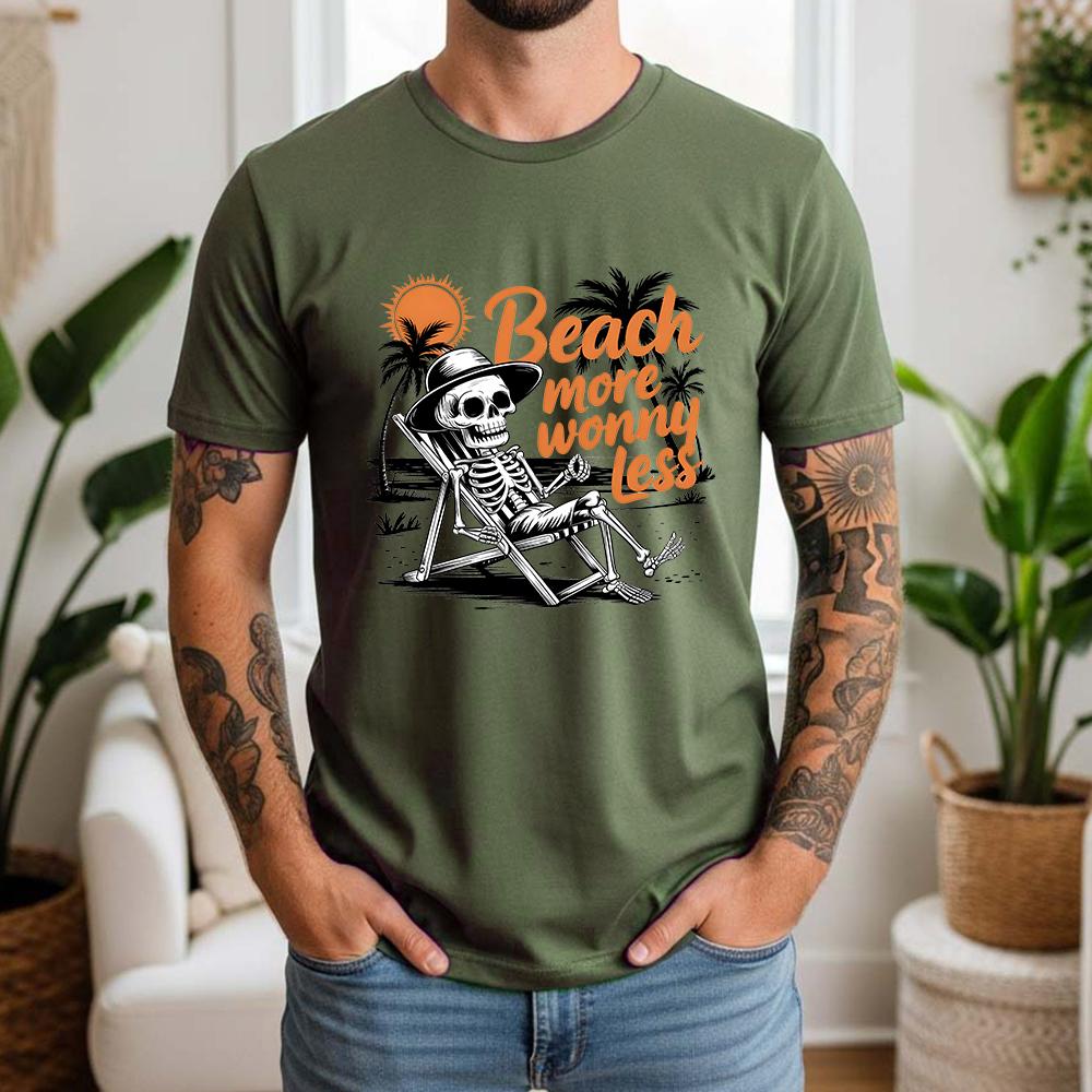 New Summer Unisexs 100 Pure Cotton TShirt Beach More Worry Less Retro Skeleton Style Casual Breathable Short Sleeve