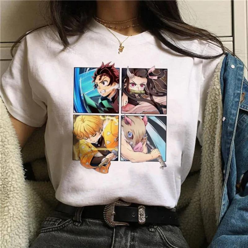 Japanese Anime T-shirt Demon Slayer Oversize Women Clothing Nezuko Kawaii Tees Tanjirou O-Neck Graphic Female Tshirt Manga Tops
