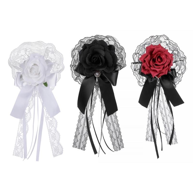 Lace Rose Flower Hair Clip Hair Styling Accessory with Long Ribbon Tails, Gothic Spring Clip for Women Costume Styling and Decoration Wear