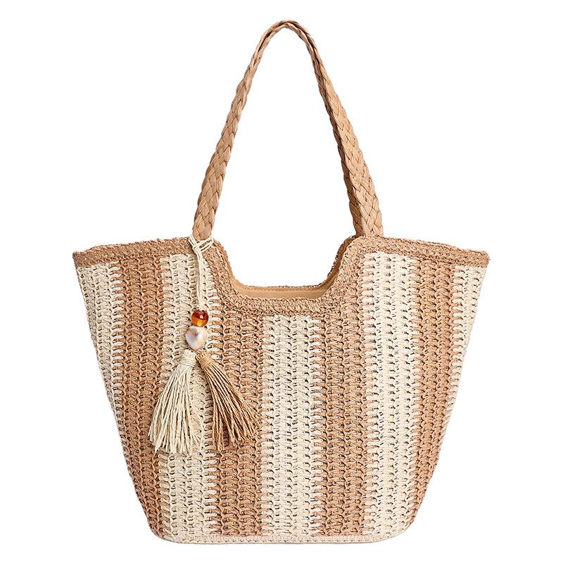 

All-matching Fashionable High-end Vertical Stripe Single-shoulder Straw Woven Bag Portable Casual Women s Beach Women 28x15x30 хакі