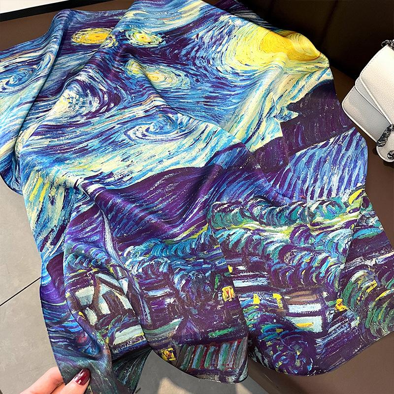 French Van Gogh oil painting navy blue silk scarf women's summer thin versatile mulberry silk 71cm Chinese square scarf scarf