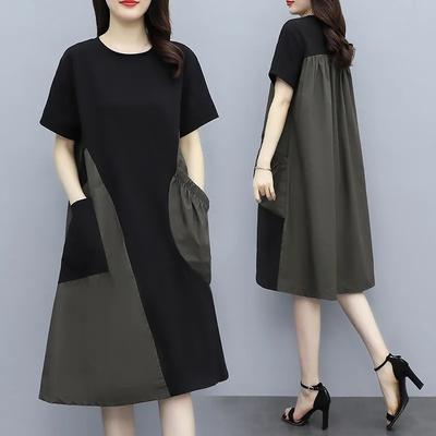 Women's Spring and Summer Loose Thin Section Round Neck Mid Length Loose Thin Cover Belly Splicing Dresses