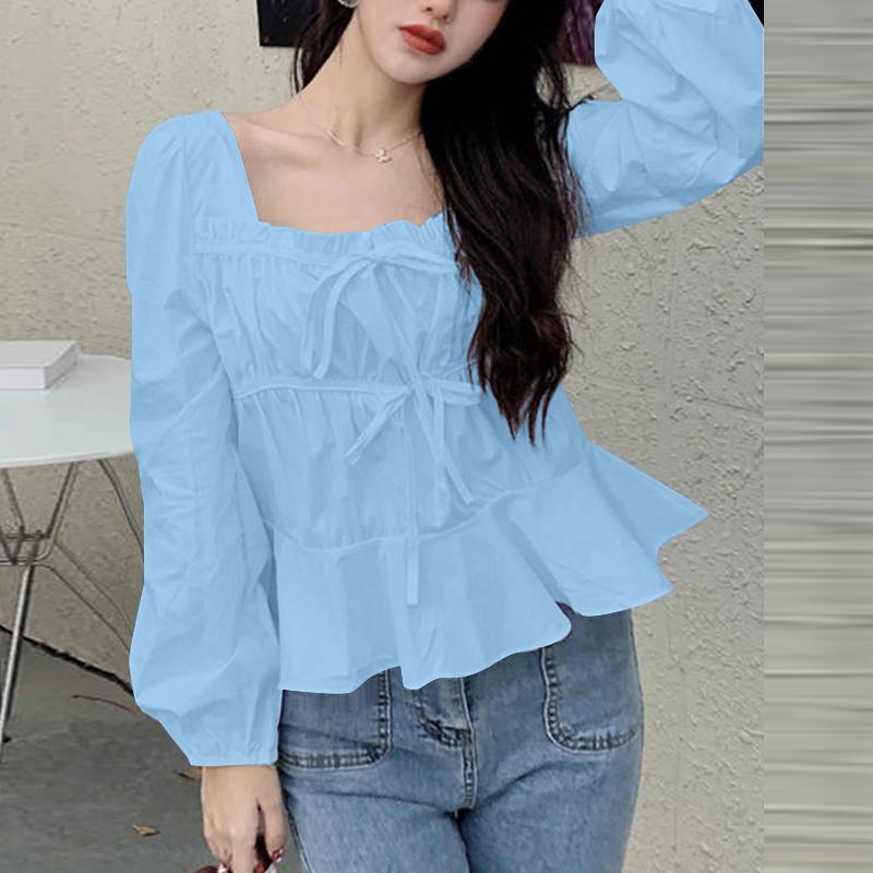 

VONDA Жіночі літні блузки з довгим рукавом і зав’язкою з квадратним вирізом S синій